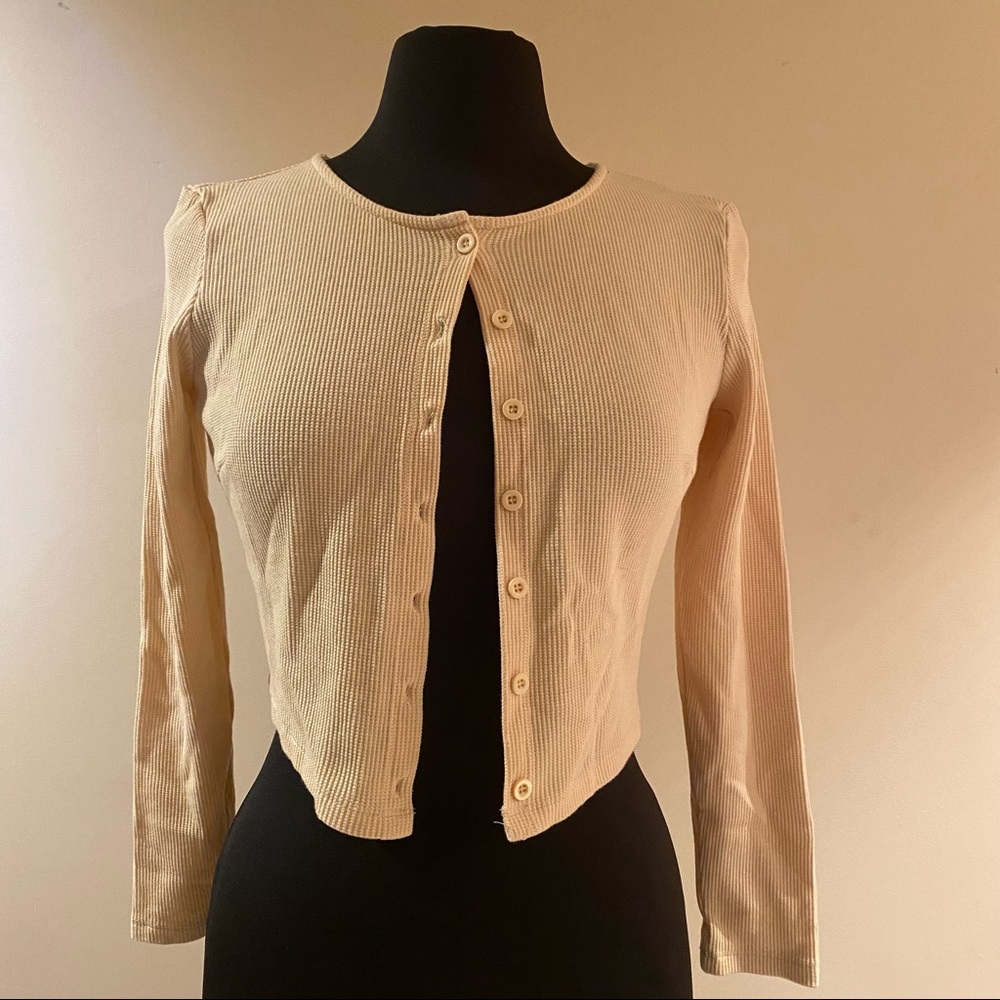 PRINCESS POLLY Light Yellow Waffle Cropped Cardigan | size 8